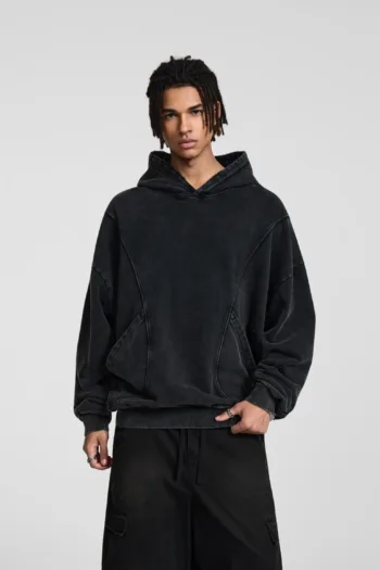 C-1255 Distressed Rivet Patchwork Pocket Hoodie