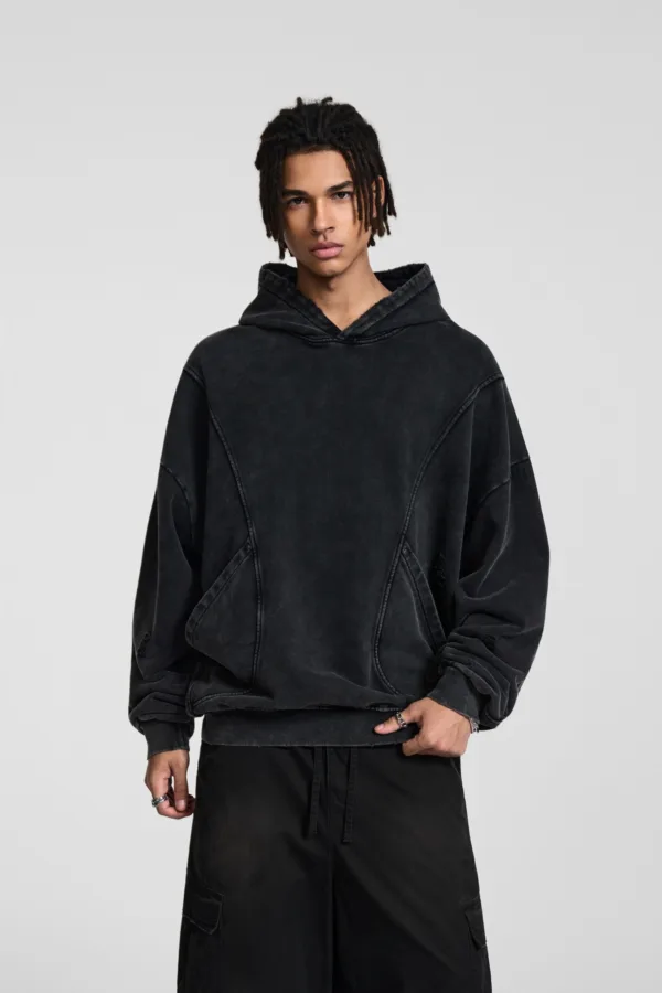 C-1255 Distressed Rivet Patchwork Pocket Hoodie