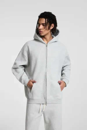 b4aa71d3 C-HL23805 Fleece-Lined Thickened Loose-Fit Zip-Up Hooded Sweatshirt