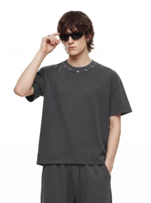 b6316fbe C-S26005 Vintage Washed Crew Neck Rivet T-Shirt