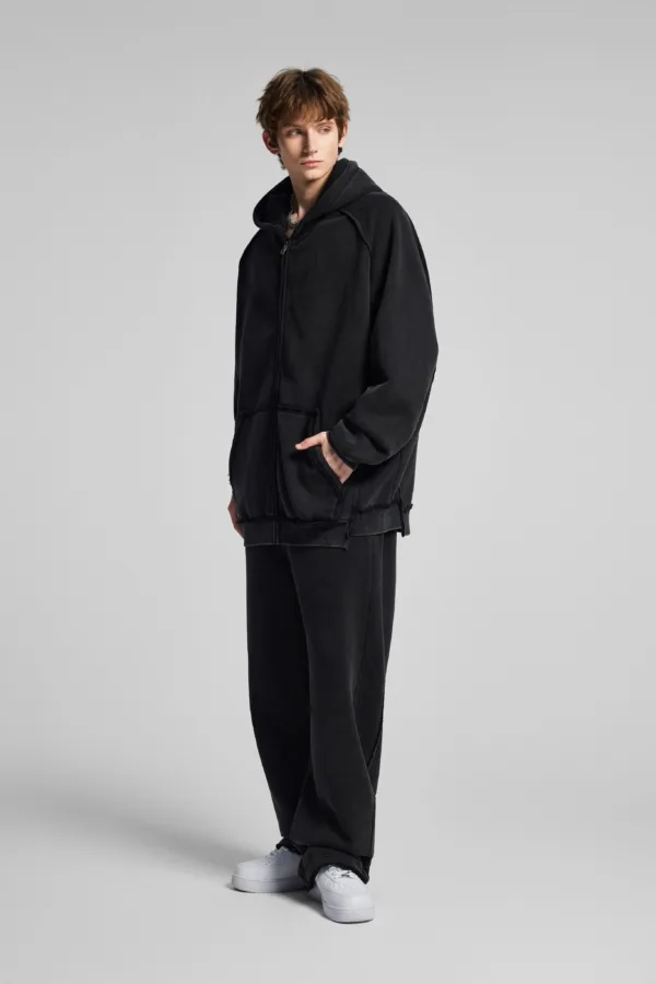 C-1305 + C-1306 Pigment Wash Stir-Fried Snowflake Vintage Distressed Fleece Hoodie Two-Piece Set