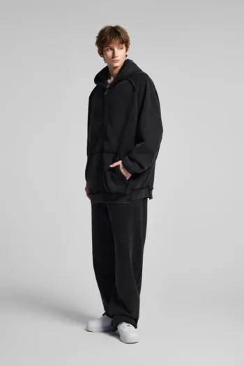 C-1305 + C-1306 Pigment Wash Stir-Fried Snowflake Vintage Distressed Fleece Hoodie Two-Piece Set