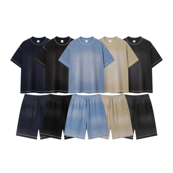 C-K1173 + C-K1174 Waffle Knit Contrast Topstitch Monkey Wash Fade Gradient Two-Piece Set