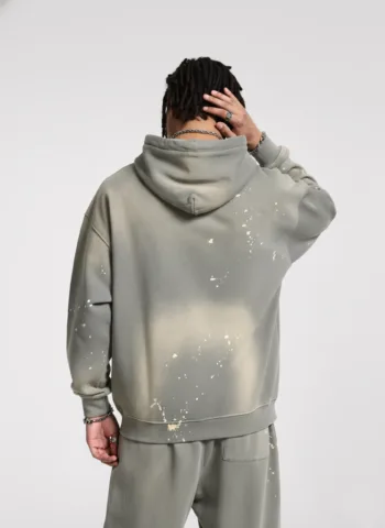 C-HL23819 Distressed Paint Splatter Fleece-Lined Hooded Sweatshirt