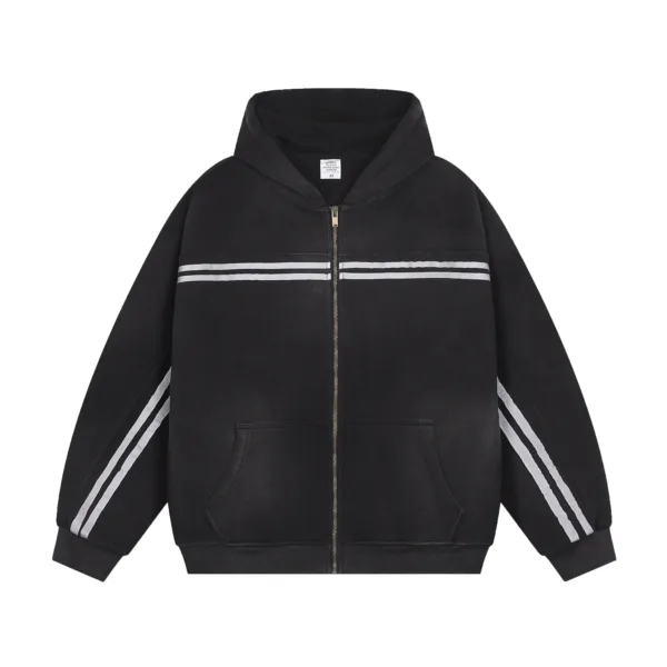 C-HL1227 Monkey Wash Color-Blocked Woven Tape Zip-Up Hoodie