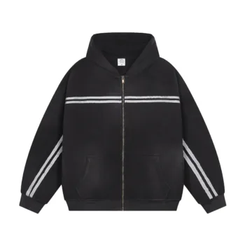 C-HL1227 Monkey Wash Color-Blocked Woven Tape Zip-Up Hoodie