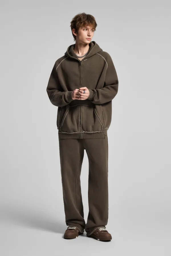 C-1305 + C-1306 Pigment Wash Stir-Fried Snowflake Vintage Distressed Fleece Hoodie Two-Piece Set