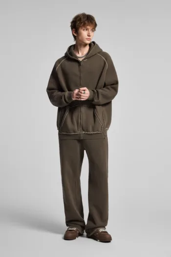 C-1305 + C-1306 Pigment Wash Stir-Fried Snowflake Vintage Distressed Fleece Hoodie Two-Piece Set