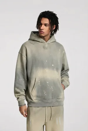 C-HL23819 Distressed Paint Splatter Fleece-Lined Hooded Sweatshirt