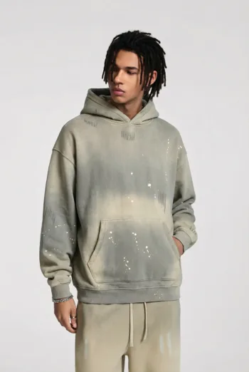 C-HL23819 Distressed Paint Splatter Fleece-Lined Hooded Sweatshirt
