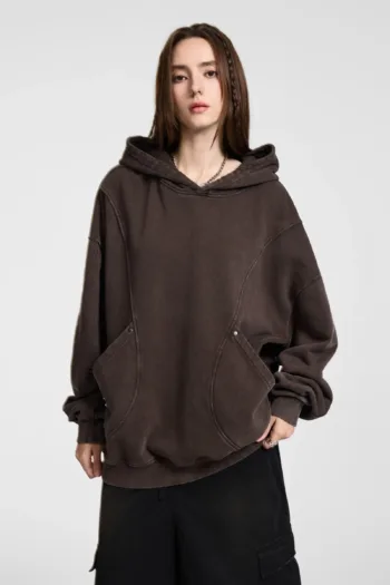 C-1255 Distressed Rivet Patchwork Pocket Hoodie