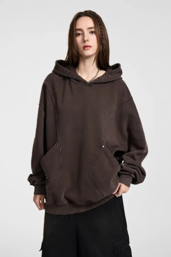 C-1255 Distressed Rivet Patchwork Pocket Hoodie