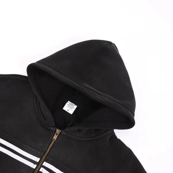 C-1227 + C-1228 Monkey Wash Color-Block Contrast Webbing Fleece Hoodie Two-Piece Set