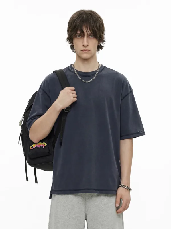 C-S26003 Snow Wash Embroidered Reverse Seam Pure Cotton T-Shirt