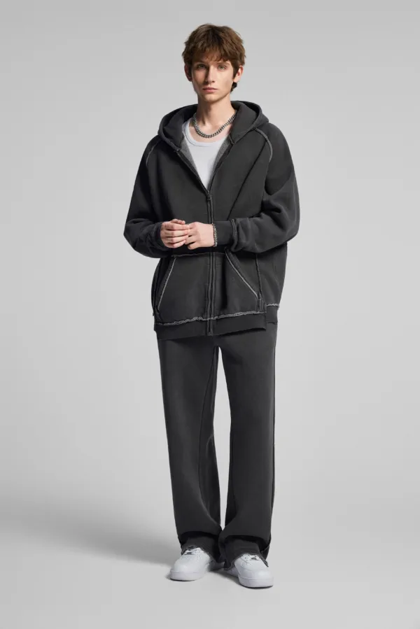 C-1305 + C-1306 Pigment Wash Stir-Fried Snowflake Vintage Distressed Fleece Hoodie Two-Piece Set