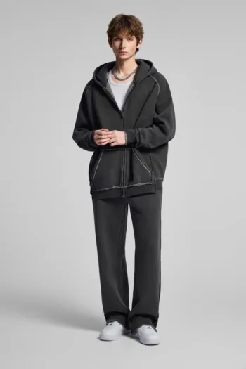 C-1305 + C-1306 Pigment Wash Stir-Fried Snowflake Vintage Distressed Fleece Hoodie Two-Piece Set
