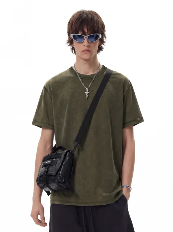 C-S26003 Snow Wash Embroidered Reverse Seam Pure Cotton T-Shirt