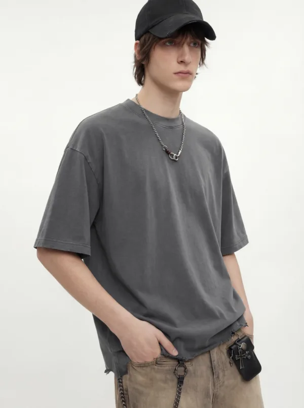C-S26004 Distressed Raw Hem Washed Vintage T-Shirt