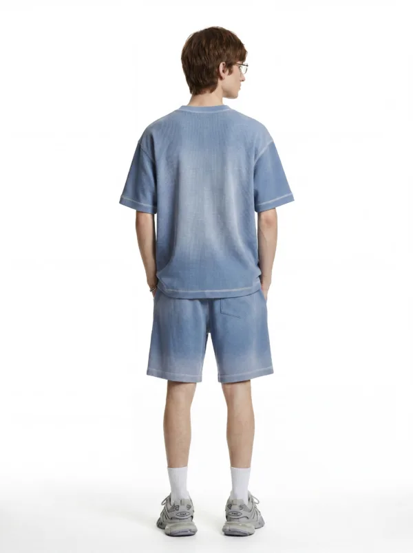 C-K1173 + C-K1174 Waffle Knit Contrast Topstitch Monkey Wash Fade Gradient Two-Piece Set