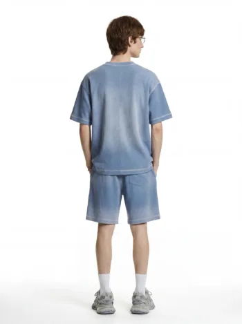 C-K1173 + C-K1174 Waffle Knit Contrast Topstitch Monkey Wash Fade Gradient Two-Piece Set