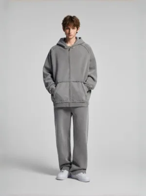 C-1305 + C-1306 Pigment Wash Stir-Fried Snowflake Vintage Distressed Fleece Hoodie Two-Piece Set