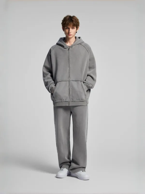 C-1305 + C-1306 Pigment Wash Stir-Fried Snowflake Vintage Distressed Fleece Hoodie Two-Piece Set