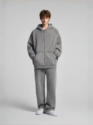 C-1305 + C-1306 Pigment Wash Stir-Fried Snowflake Vintage Distressed Fleece Hoodie Two-Piece Set