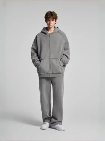 C-1305 + C-1306 Pigment Wash Stir-Fried Snowflake Vintage Distressed Fleece Hoodie Two-Piece Set