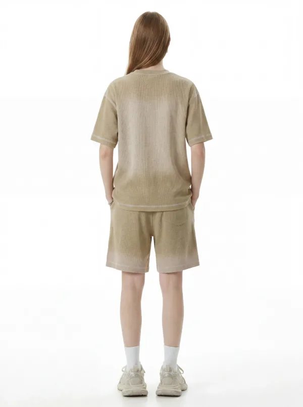 C-K1173 + C-K1174 Waffle Knit Contrast Topstitch Monkey Wash Fade Gradient Two-Piece Set