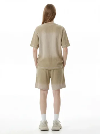 C-K1173 + C-K1174 Waffle Knit Contrast Topstitch Monkey Wash Fade Gradient Two-Piece Set