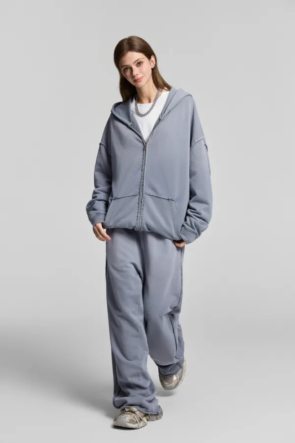 C-1282 Raw Hem Patchwork Distressed Monkey Wash Casual Trousers