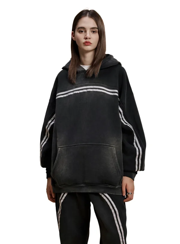 C-HL1221 Snow Wash Distressed Seam Colorblock Tape Fleece Hoodie