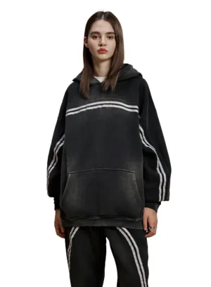 C-HL1221 Snow Wash Distressed Seam Colorblock Tape Fleece Hoodie
