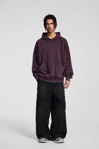 C-1255 Distressed Rivet Patchwork Pocket Hoodie