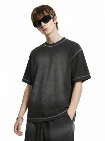 C-K1173 Colorblock Waffle Knit Exposed Stitch Monkey Gradient Spray 290GSM T-Shirt