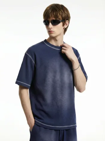 C-K1173 Colorblock Waffle Knit Exposed Stitch Monkey Gradient Spray 290GSM T-Shirt